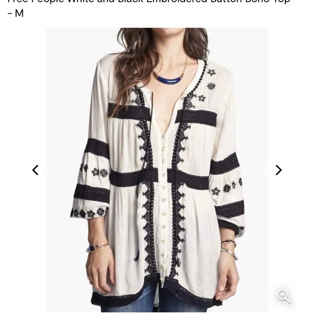 Free People White and Black Embroidered Bottom Boho Women's Top XS/P